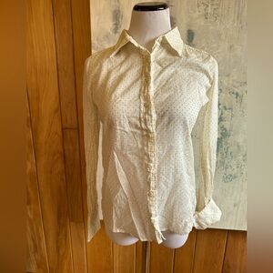 J. Crew Sz. 4 Button Down Fitted Sheer Polkadot Shirt. Mustard Gold Dots. Cute!!